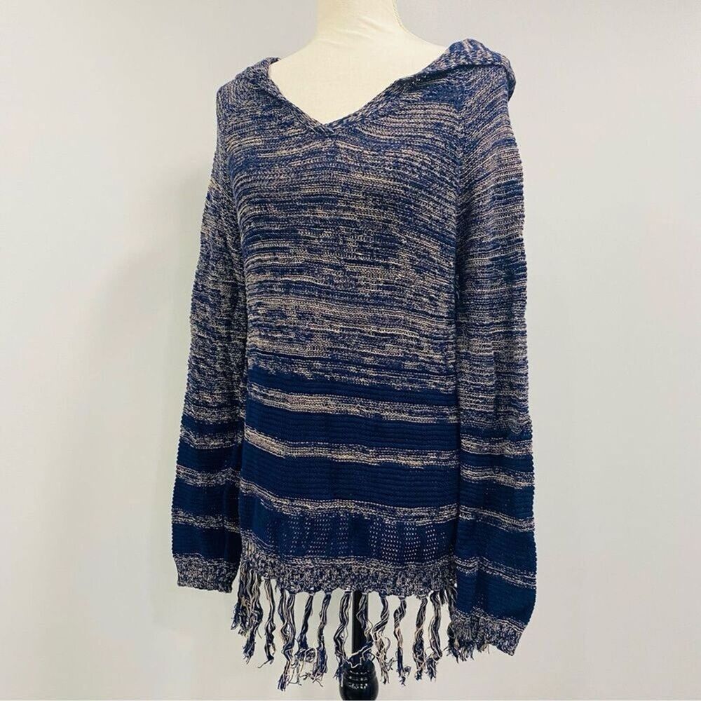ALTAR’D STATE M Blue Serape Knit Hood Fringe Blanket Hooded Sweater Hippie Boho